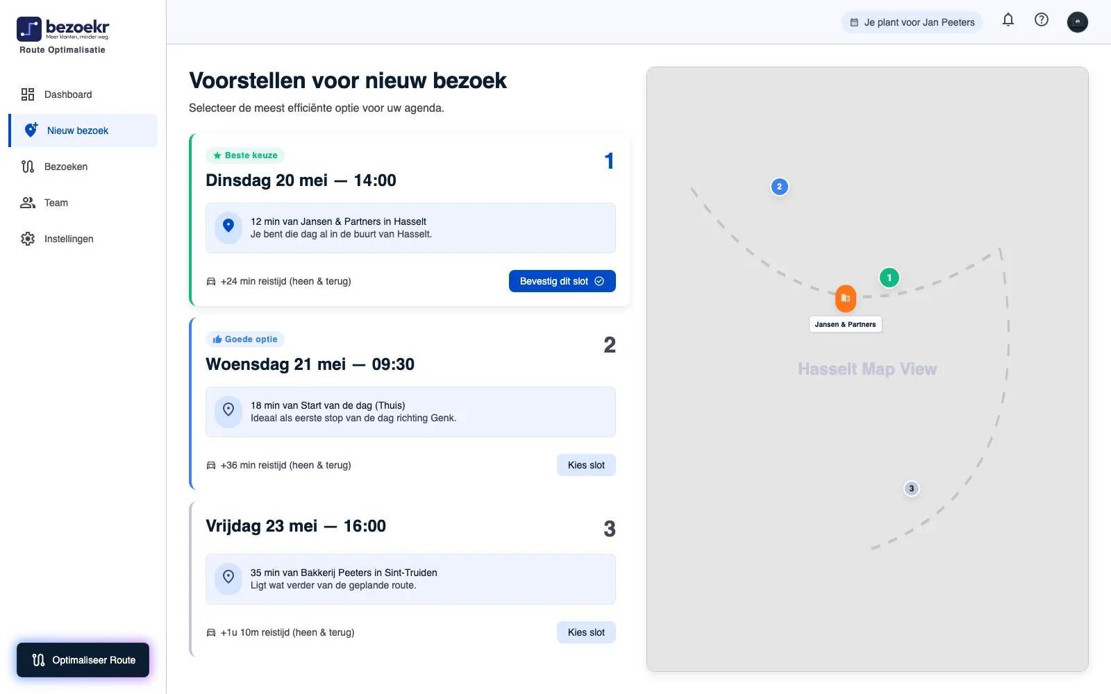 Bezoekr dashboard: voorstellen voor een nieuw bezoek met routeoverzicht