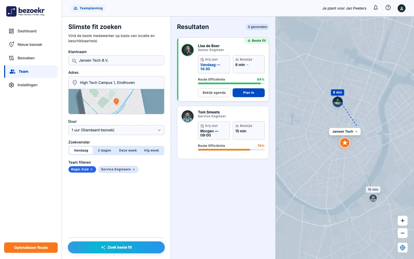 Bezoekr teamplanning: slimste fit zoeken op basis van locatie en beschikbaarheid